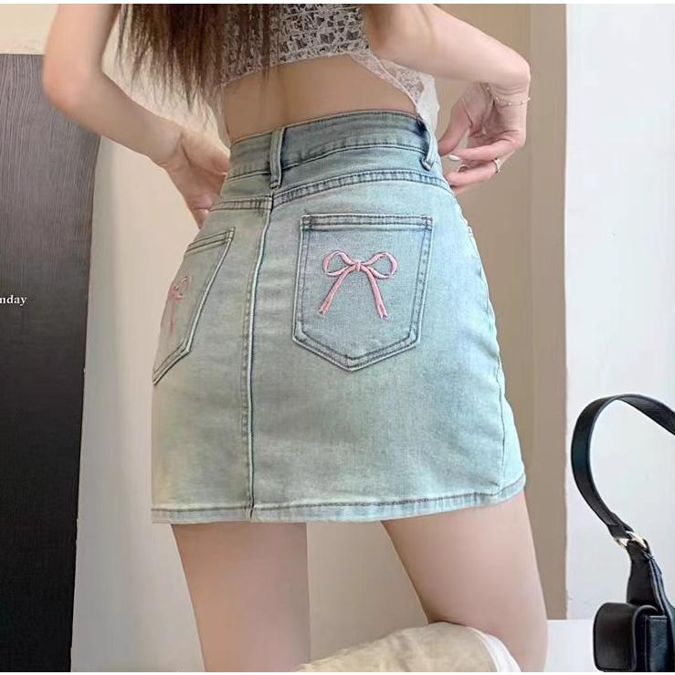 S-6XL กระโปรงยีนส์มินิสไตล์สาวฮอตสไตล์อเมริกัน เอวสูง มีกระเป๋าปัก กระโปรงทรงเอ