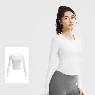 mvp sport เสื้อยืดแขนยาวสำหรับออกกำลังกาย เสื้อคอกลมสีพื้น ไม่ต้องใส่เสื้อชั้นใน เสื้อโยคะ มีแผ่นรองเสริมในตัว