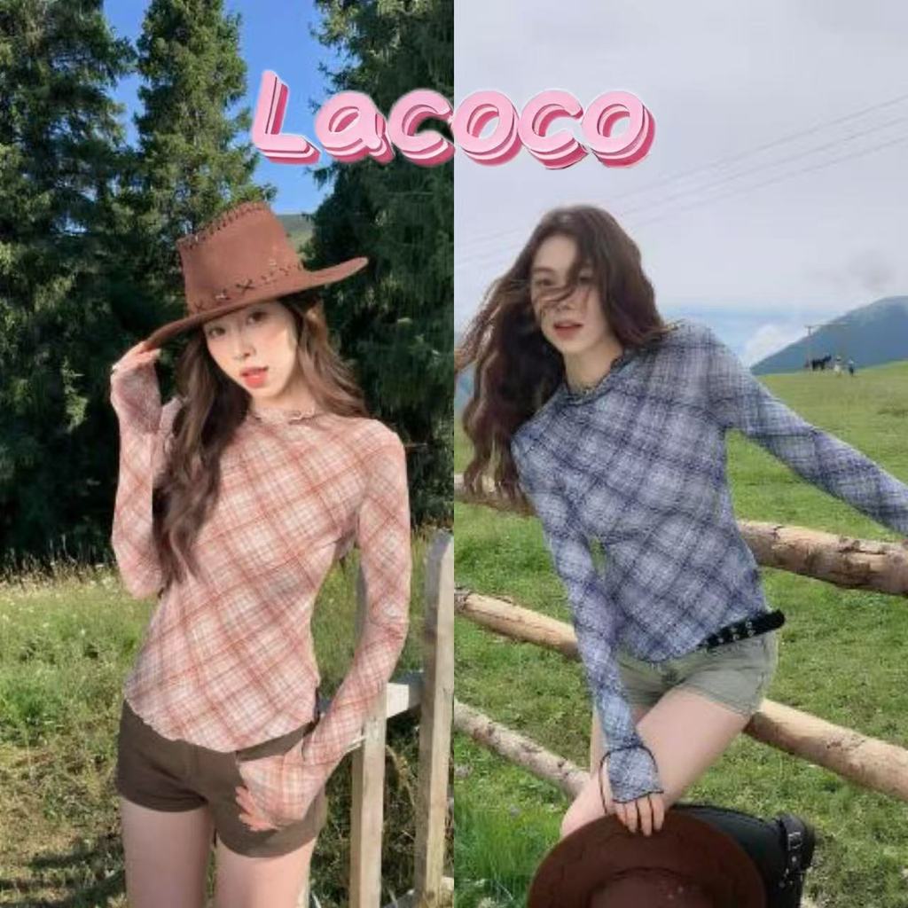 Lacoco🍓คลังสินค้าพร้อม🍓เสื้อชั้นในคอสูงลายสก็อตระบายสไตล์เกาหลีต้นฤดูใบไม้ร่วง