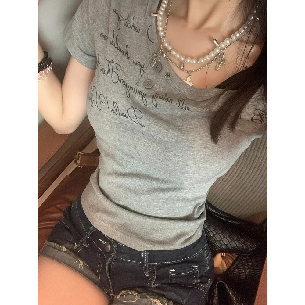 <Moss Queen> American Vintage Off-Shoulder เสื้อยืดแขนสั้นฤดูร้อน พิมพ์ลายสวยงาม