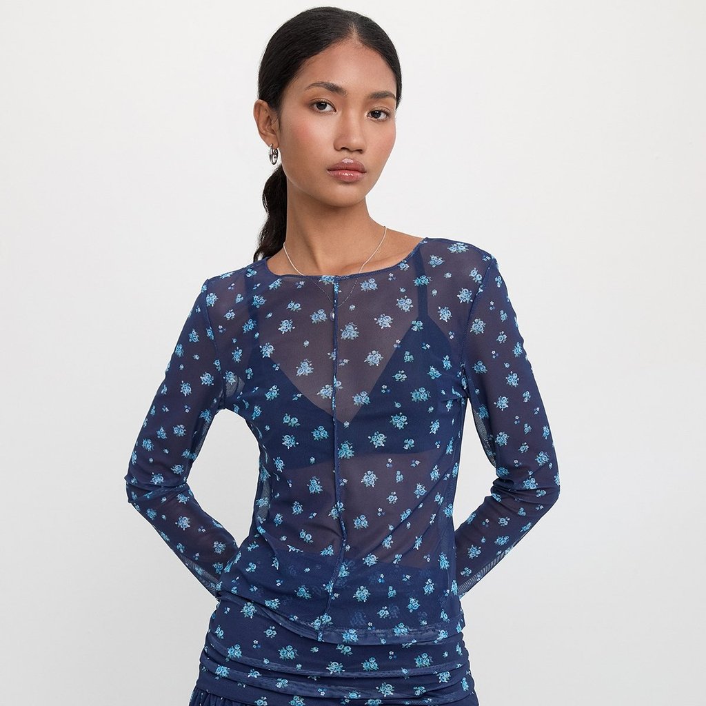 [Pomelo] เสื้อซีทรูลายดอกไม้ / Floral Sheer Mesh Blouse — صورة 6
