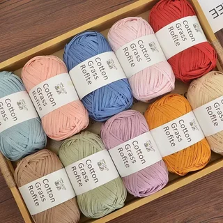 ไหมคอตตอนราเฟีย Cotton Grass Rofite 50 กรัม ยาว 102 เมตร สำหรับถักหมวกถักกระเป๋า พร้อมส่ง