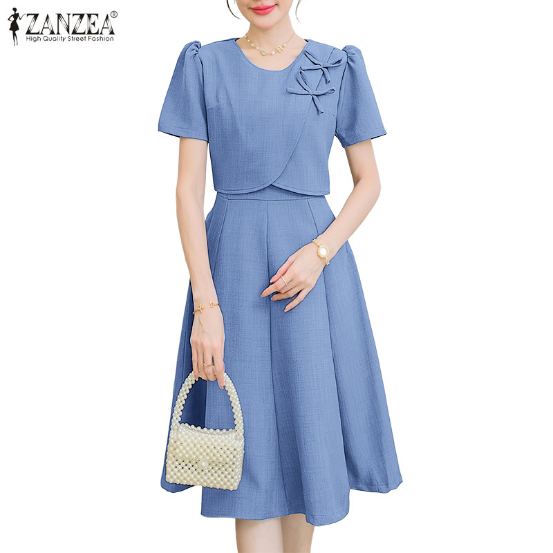 ZANZEA ชุดเดรสคอกลมแขนสั้นสไตล์เกาหลี ประดับโบว์ ทรง A-Line