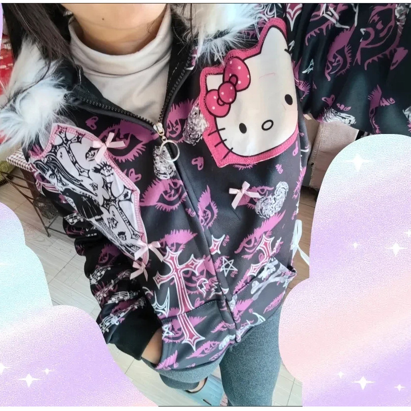 Hello Kitty Subculture Punk Harajuku Hot Girl Hello Kitty Skull Hoodie Coat