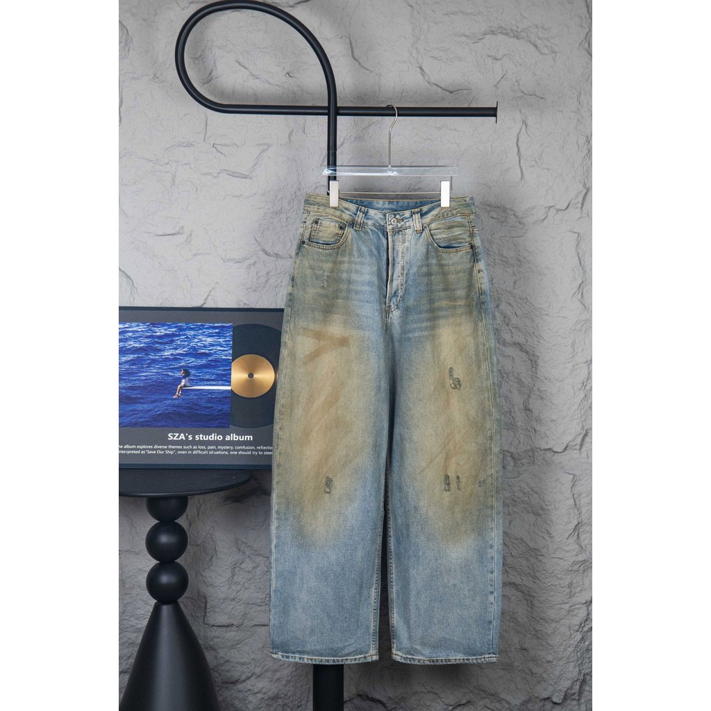 Ac Retro Leather Pocket 1981 Retro Loose Dirty Denim Wide Leg Pants