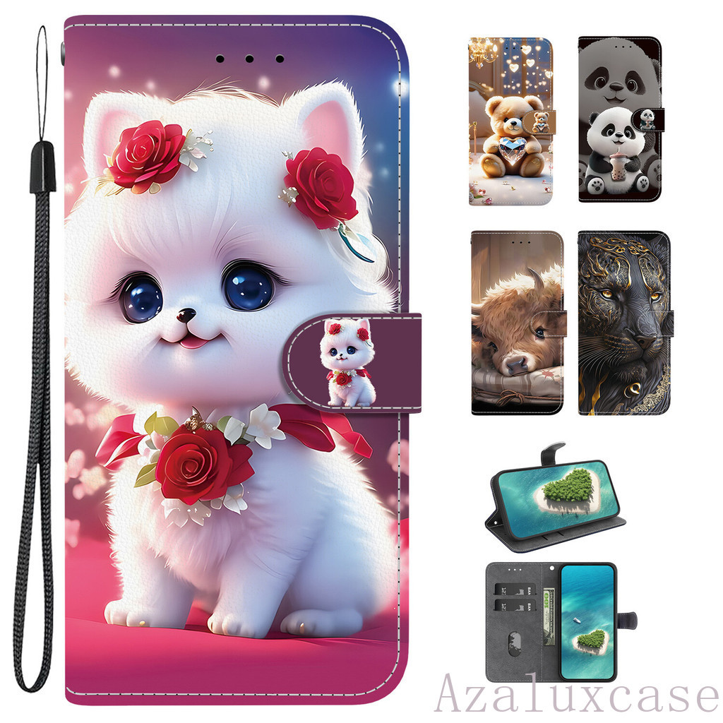 SAMSUNG สําหรับSamsung Galaxy A14 A24 A34 A54 A13 A23 A33 A53 A73 A22 A32 A52 A52S 4G 5Gแมวดอกไม้กระเป๋าสตางค์พลิกหนังเคสโทรศัพท์แม่เหล็กพร้อมช่องใส่การ์ด