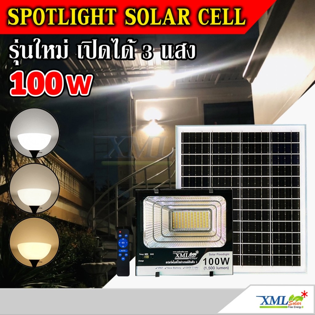 ไฟสปอตไลท์โซล่าเซลล์ 100 Watt กล่องสีน้ำตาล (เปิดได้ 3 แสง)