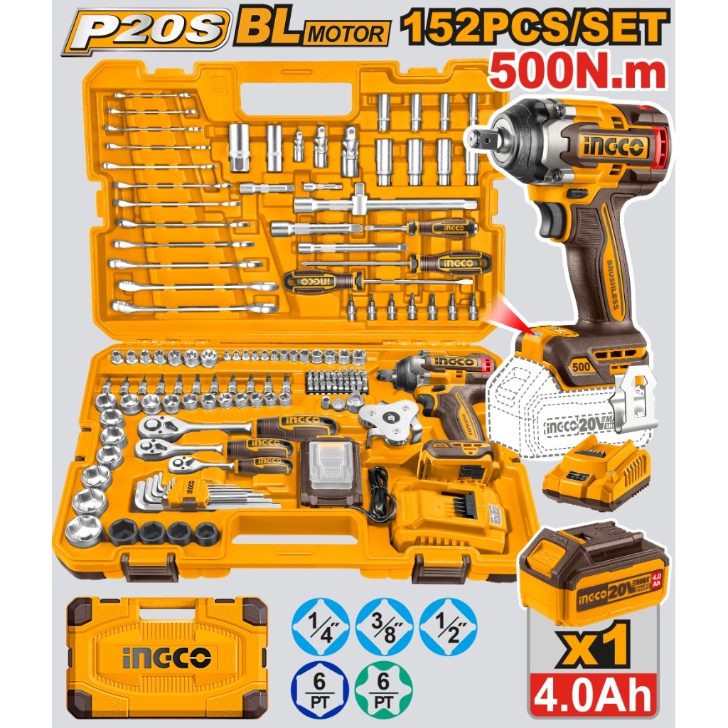 INGCO ชุดเครื่องมือประแจบล็อกไฟฟ้าไร้สาย 152 ชิ้น Brushless motor รุ่น HKTHP31521