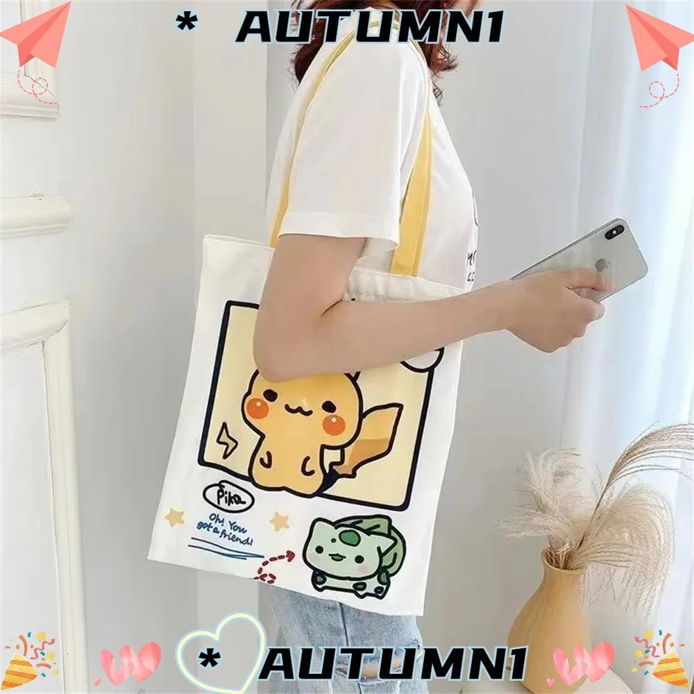 กระเป๋าสะพายผ้าใบ Pikachu & Psyduck Squirtle สำหรับผู้หญิงและเด็ก พร้อมความจุขนาดใหญ่