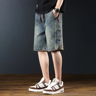 FASHION.61 กางเกงยีนส์ขาสั้น เอวยางยืดผู้ชาย เเต่งแถบข้าง ขนาด S-4XL เอว 30-40 นิ้ว รุ่น M6603