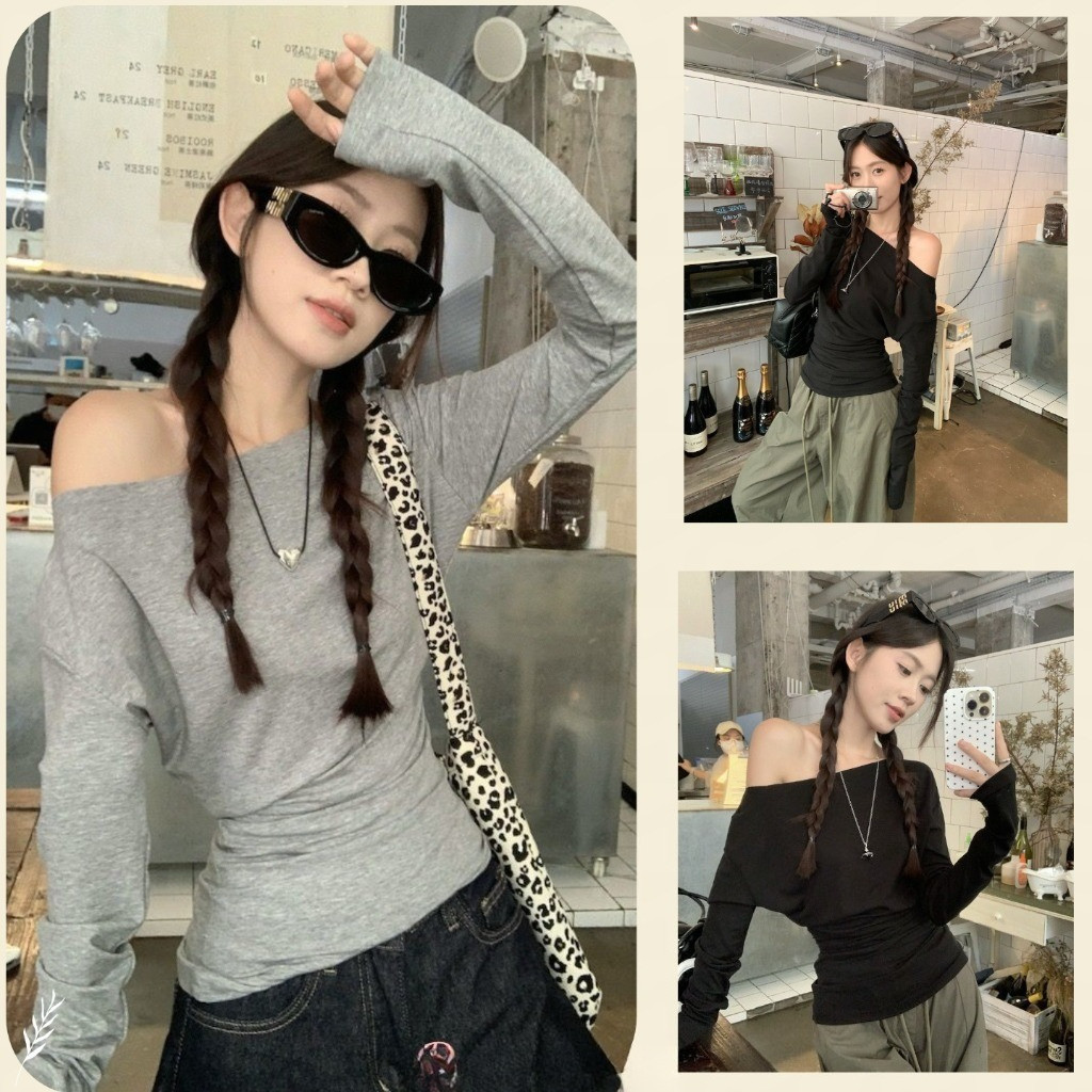 Bekey เสื้อยืดแขนยาวเปิดไหล่แฟชั่นสำหรับผู้หญิง แฟชั่นฤดูใบไม้ร่วงและเสื้อกระชับสัดส่วนใหม่