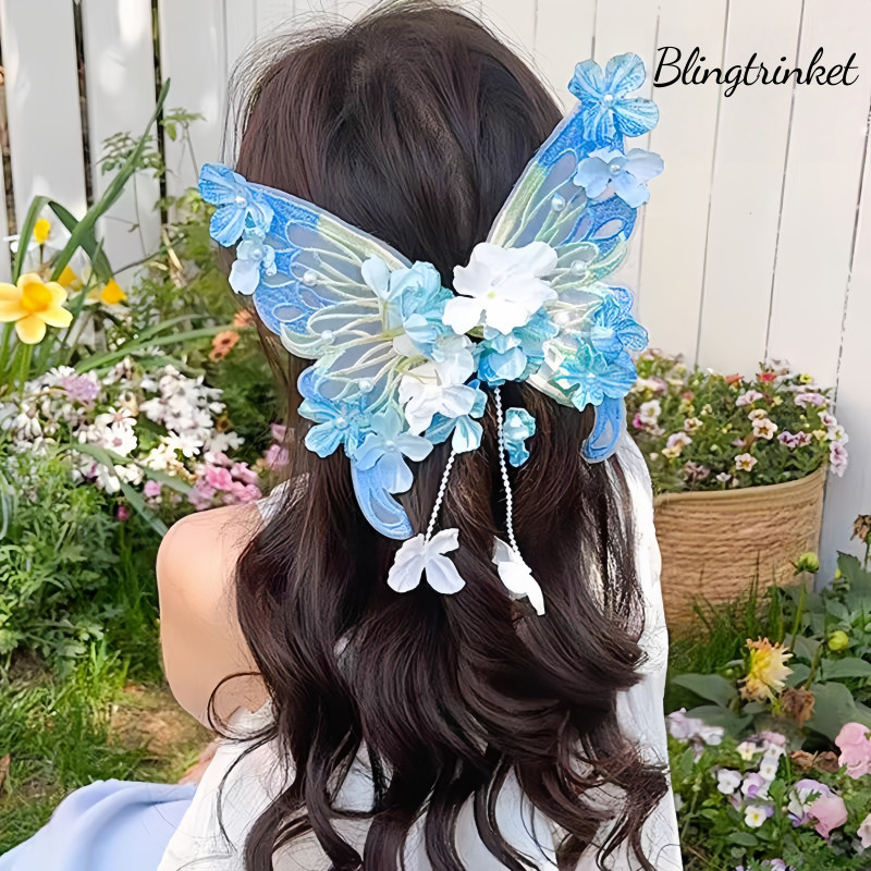 BlingTrinket~🦋🦋กิ๊บติดผมรูปผีเสื้อจีนโบราณขนาดใหญ่  ตกแต่งด้วยดอกไม้  ดีไซน์พู่ ใช้งานได้หลากหลาย  สไตล์เจ้าหญิงแสนหวาน