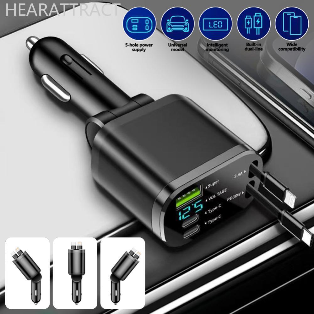 HEARATRACT 5-in-1 Retractable Car Charger Fast Charging USB Type-C Power Adapter พร้อมสาย LED Retrac
