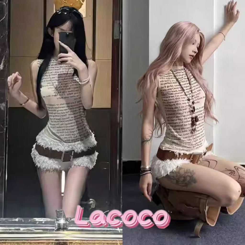 Lacoco คลังสินค้าพร้อม เสื้อยืดแขนกุดตาข่ายพิมพ์ลายตัวอักษรเซ็กซี่สไตล์สาวเรโทรสุดฮอตสำหรับฤดูหนาว ราคา ถูกที่สุด ดีลบีเคเค