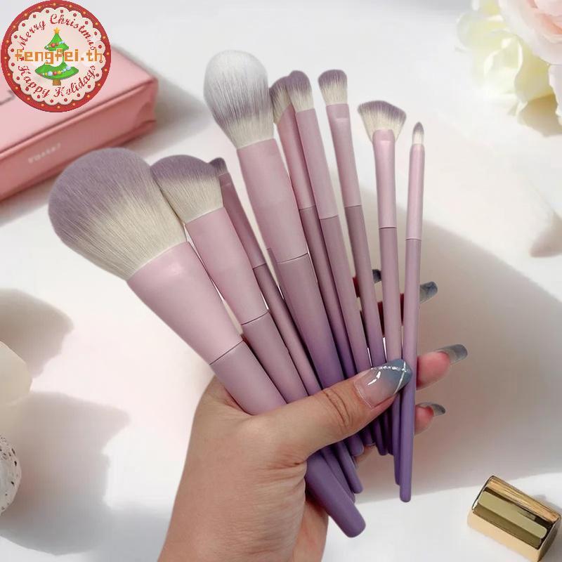 FENGFEI ชุดแปรงแต่งหน้าสีม่วง 10 ชิ้น, แปรงแป้งฝุ่น, แปรงอายแชโดว์, ชุดเครื่องมือความงามครบชุดแปรงคอ