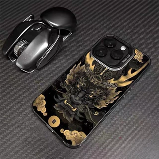 เคสโทรศัพท์ปุ่มโลหะรูปมังกรสีเหลืองทอง ไอโฟน11 For iPhone11 12 13 14 15 16 17 Pro MAX X XS XR XSMAX 7 8Plus เคสโทรศัพท์