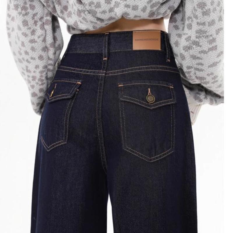 กางเกงยีนส์สีน้ำเงินเข้ม ดีไซน์กระเป่าหลังใหม่ล่าสุด ยีนส์สำหรับผู้หญิง เอวสูง หลวม ตรง ขากว้าง กางเกงยาวถึงพื้น - รูปที่ 4