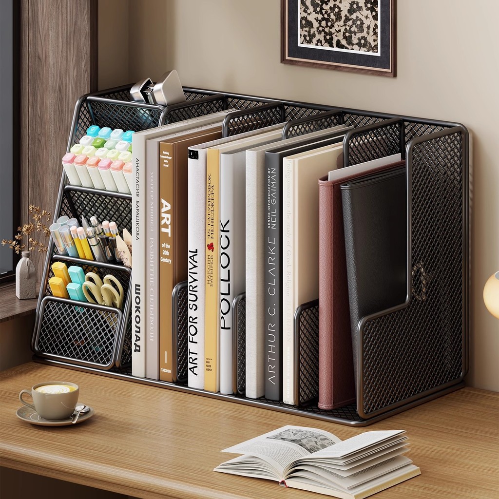 ชั้นวางหนังสือตั้งโต๊ะ ที่คั่นหนังสือ ชั้นเก็บหนังสือไฟล์หลายชั้นที่เรียบง่ายนักเรียนหอพักโต๊ะจัดเก็บชั้นจัดระเบียบ