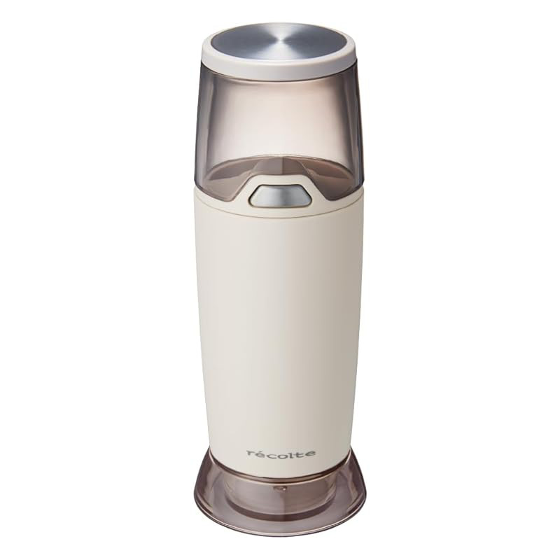 Recolte Electric Sesame Grinder - Battery-operated, compact sesame mill that doubles as a container. Cordless, one-touch operation makes it easy to grind sesame seeds. Simple maintenance and easy to clean. Cream white color, model RSG-1 (W).