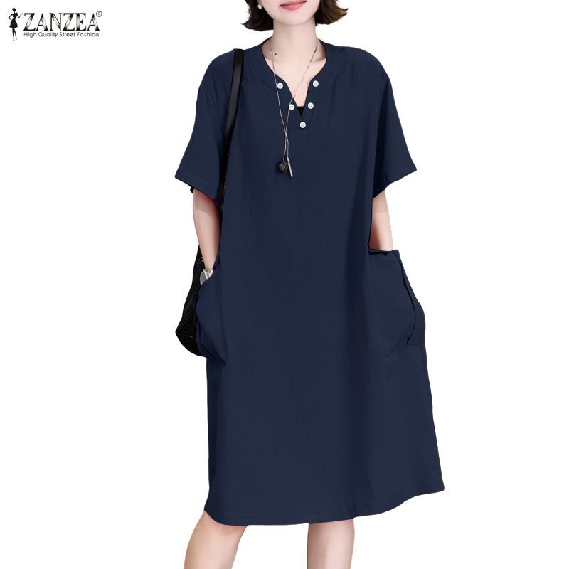ZANZEA ชุดเดรสลำลองสไตล์เกาหลี แบบคอวีแขนสั้น มีกระดุม