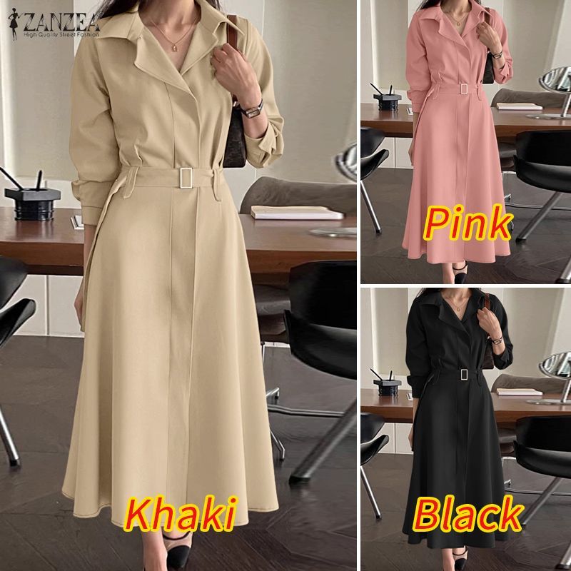 ZANZEA เดรสเชิ้ตแขนเข็มขัด สไตล์ Retro สำหรับฤดูใบไม้ร่วง — صورة 3