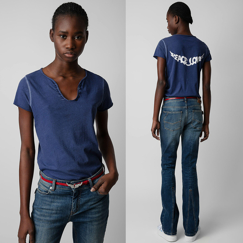 TCHF ZADIG&VOLTAIRE 24Summer New French Niche Back Wing Print U Women's Short Sleeve Shirt with Notc