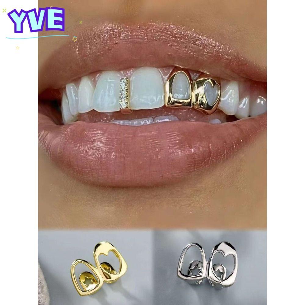 YVE Hip Hop Tooth Grillz, ทองแดงเงา Grillz, สีทอง Hollow Heart Double Heart ฟันหมวกผู้หญิง