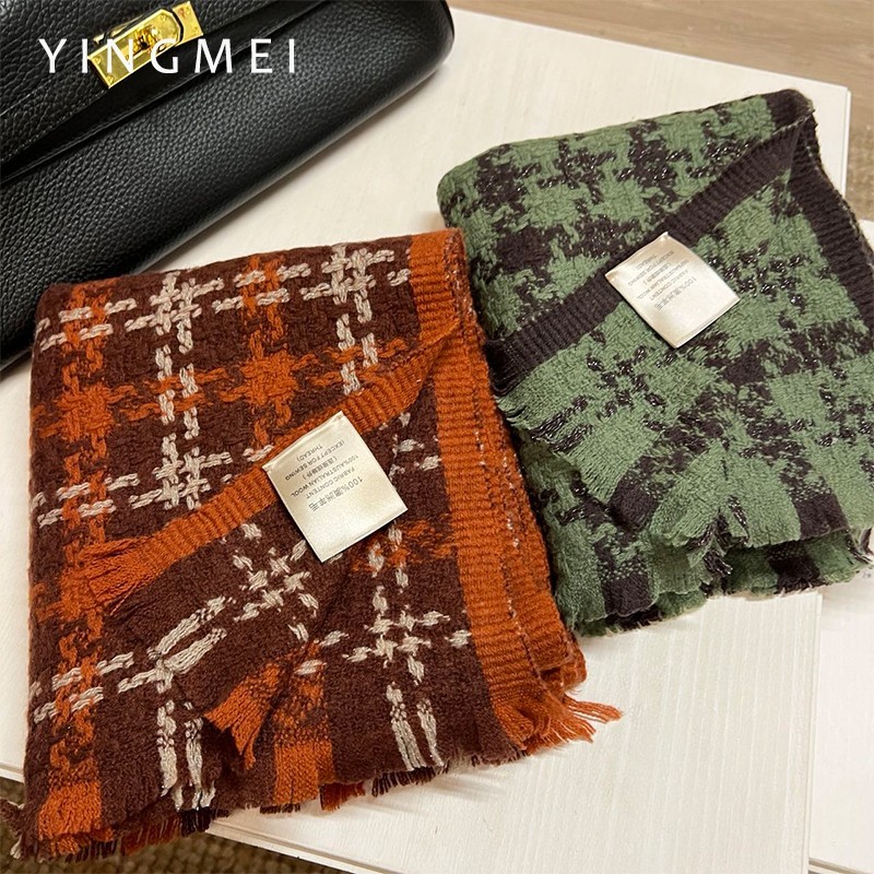 Yingmei Yuanlin ผ้าพันคอขนสัตว์แท้ 100% สีเขียวลายสก๊อต อบอุ่นสำหรับฤดูหนาว