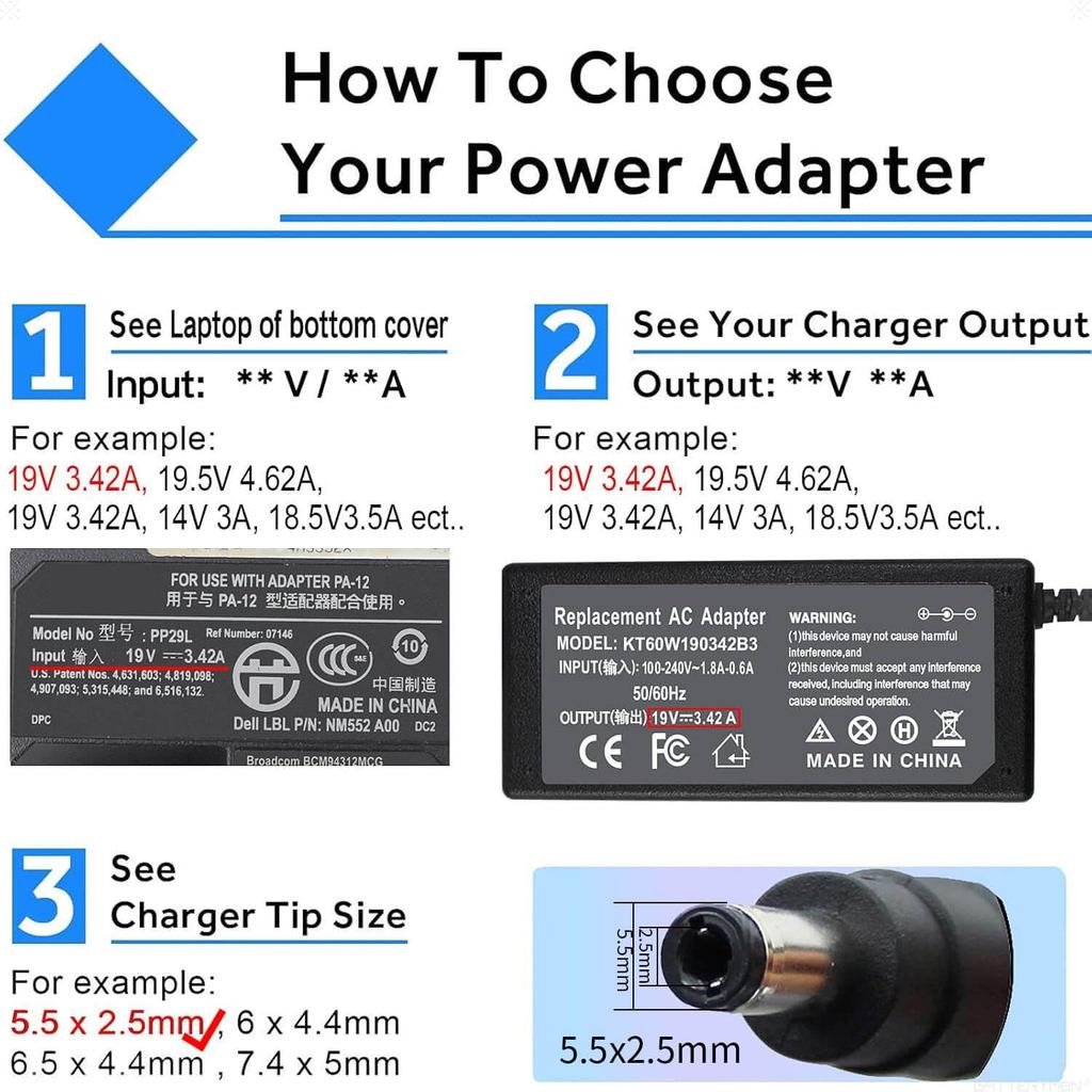 65W 19V 3.42A Laptop Charger for Toshiba Satellite C55 C55D C55T C655 C655D C675 C855 C855D L55 L655