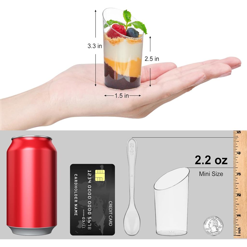 TOFLEN 50 Pack Mini Dessert Cups with Spoons, 2.2 oz Round Plastic Dessert Shooter Cups Slanted Appe