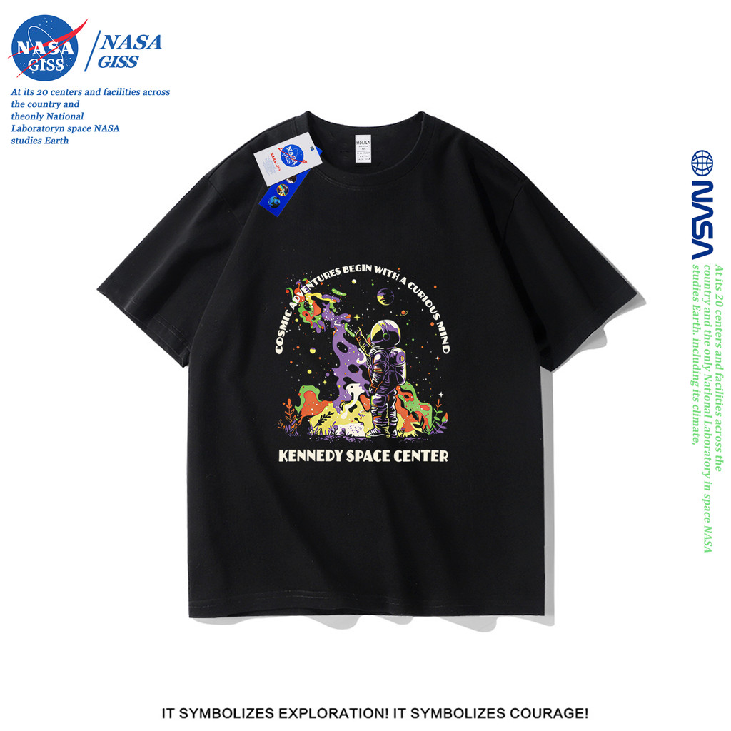 NASA เสื้อยืดชายหญิงแขนสั้น สตรีทฮิปฮอป summer นักบินอวกาศ พิมพ์ลาย คอตตอน คอกลม หลวมและระบายอากาศ