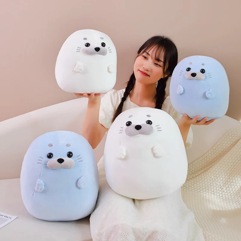 Seal Plush Stuffed Animal White/Blue Plushie Seal Round Pillow Toys Kawaii Animal Pillow Cushion Sof