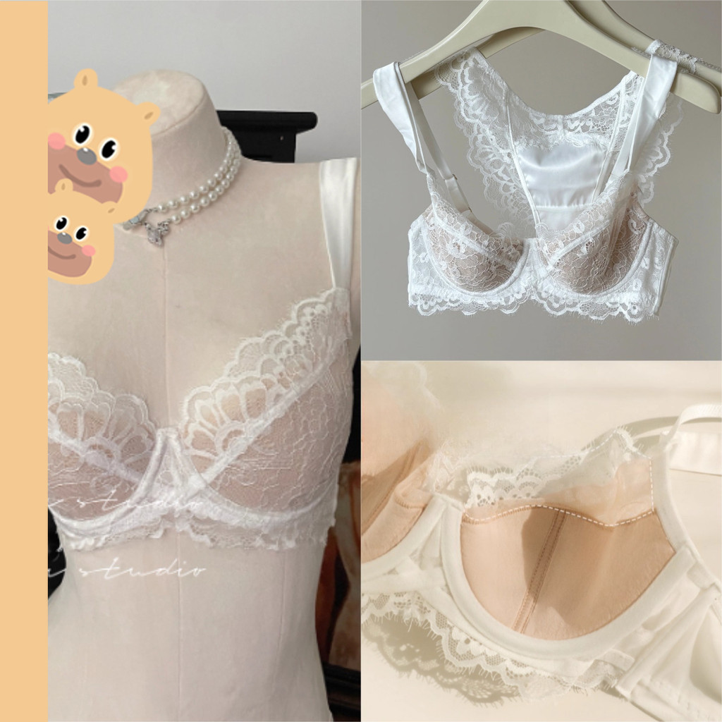 🎀bearbra🎀เซ็กซี่ บราลูกไม้ ชุดชั้นในสีดำ ชุดชั้นในสตรี สายคล้องไหล่กว้าง ลายลูกไม้ มาพร้อมกับแผ่นหน้าอก