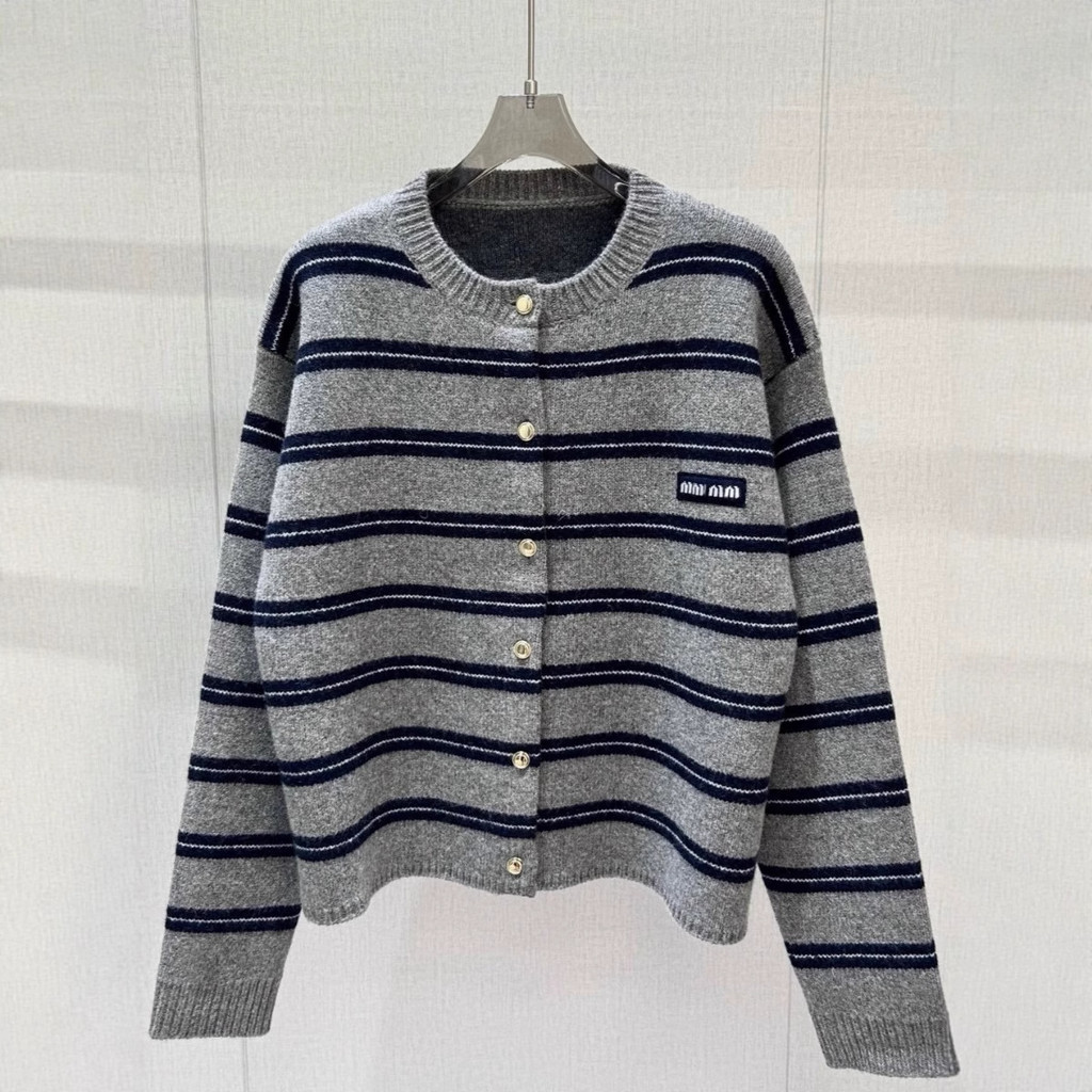 GITX MIU*MM Same Day Delivery Striped Wool Knit Cardigan Versatile Unisex Design Blue Gray Stripes