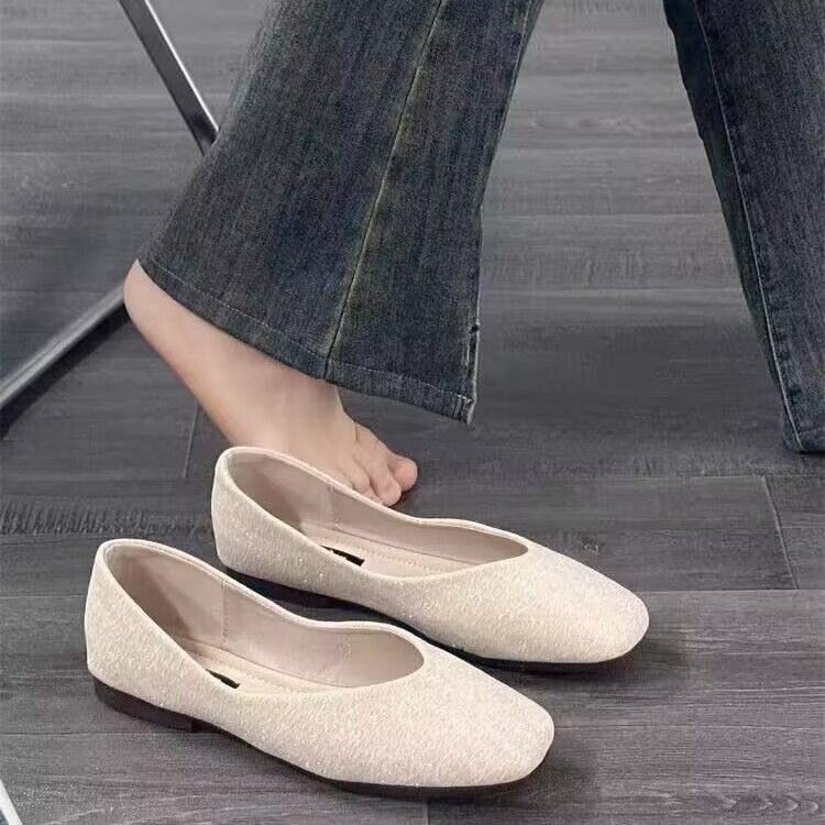 รองเท้า Ballerina Flats หนังนุ่ม ออกแบบ Square Toe Slip-On รองพื้นสบายๆ