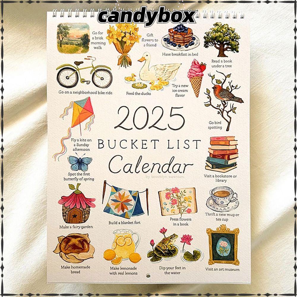 CANDYBOX 2025 ปฏิทินรายการถัง,ลวดเกลียวคู่-Binding Bucket List Journal Wall Calendar, Home Decor แขว