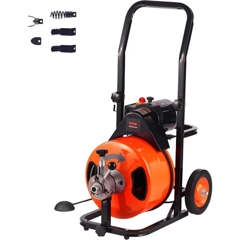 VEVOR 100 ฟุต 1/2 นิ้วเครื่องทําความสะอาดท่อระบายน้ําพร้อมฟีดอัตโนมัติและสวิตช์เท้าที่เปิดใช้งานด้วย