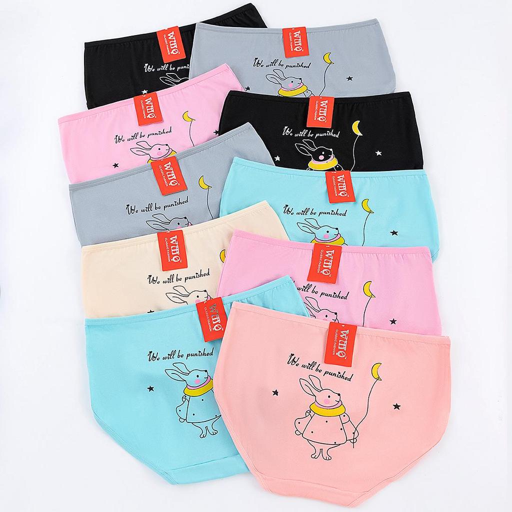 กางเกงในผู้หญิงเอวสูง ใส่สบาย ระบายอากาศดี เนื้อผ้านุ่มลื่น ไซส์ M-2XL 1 แพ็ค 10 ตัว สีสุ่ม 6 สี ลายการ์ตูนน่ารัก