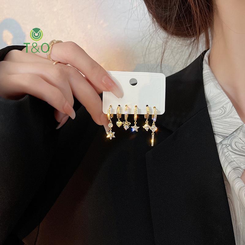 T & O 6 ชิ้น/เซ็ต อเนกประสงค์ Hoop ต่างหู สปาร์คLING ลายเงาแฟشั่น เครื่องประดับสำหรับผู้หญิง พร้อมเป