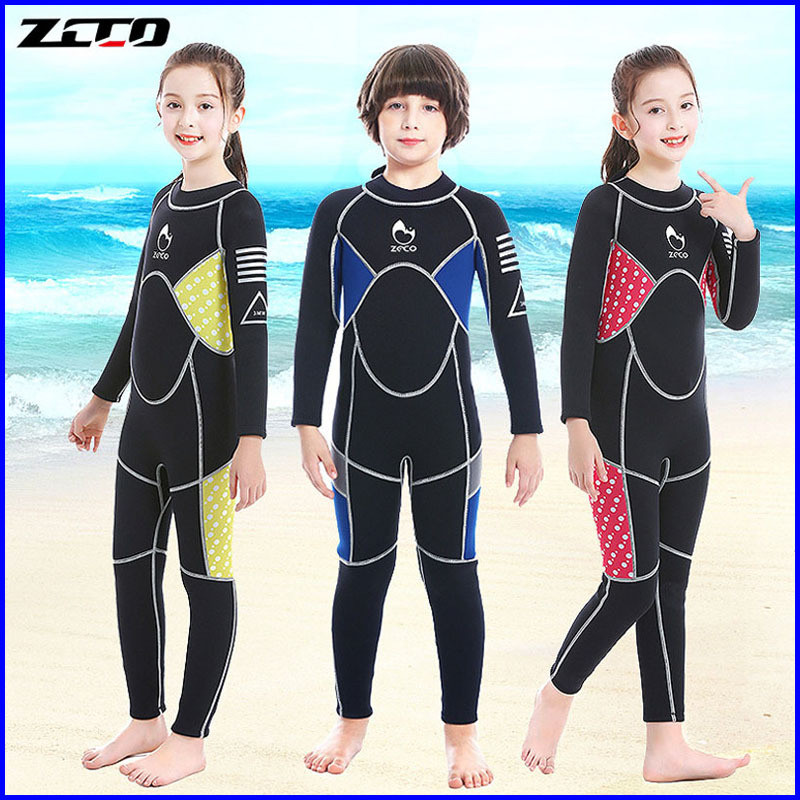 พร้อมสต็อก! ชุดดำน้ำเด็ก ZCCO ขนาด 3 มม., กันหนาวด้วยเนโอไพรีน, ซิปรองเชิงจาก YKK และ Velcro รอบคอดี