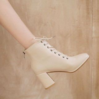 รองเท้าบูทส้นสูงสไตล์อังกฤษสำหรับผู้หญิง รองเท้าส้นสูง ส่วนบ…