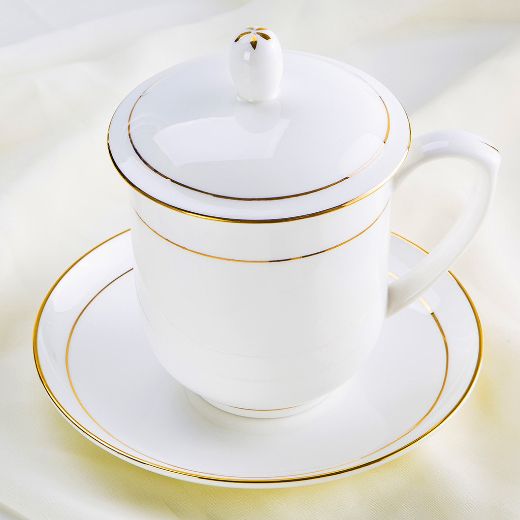 ถ้วยสํานักงานถ้วยเซรามิกจิ่งเต๋อเจิ้นที่มีฝาปิดวาดถ้วยน้ําทองธุรกิจถ้วยประชุมอุณหภูมิสูงกระดูกจีนถ้ว