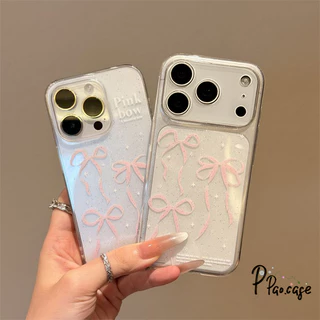 สำหรับ IPhone 13 17 16 Air 15 12 11 14 Pro Max XR X XS 7 8 14 15 6 Plus โรแมนติกสีชมพูโบว์ผูกปมผงซิลิโคนแวววาวฝาครอบใส