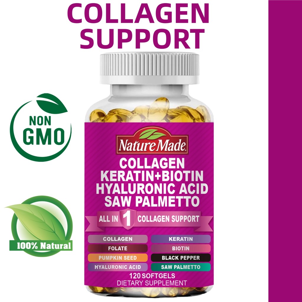 Nature Made คอลลาเจน + เคราติน + ไบโอติน + กรดไฮยาลูโรนิก + ซอฟต์เจลจาก Saw Palmetto ส่งเสริมการเจริญเติบโต