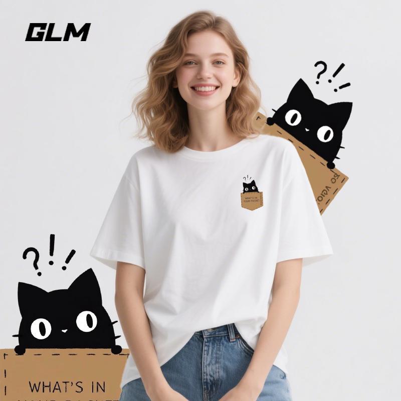 เสื้อยืดพิมพ์ลายผ้าฝ้าย GLM | ไซส์ Unisex M-3XL | งานเอสเซนเชียล | Small Questionable Black Cat สบายและระบายอากาศได้ YHX-404-F1