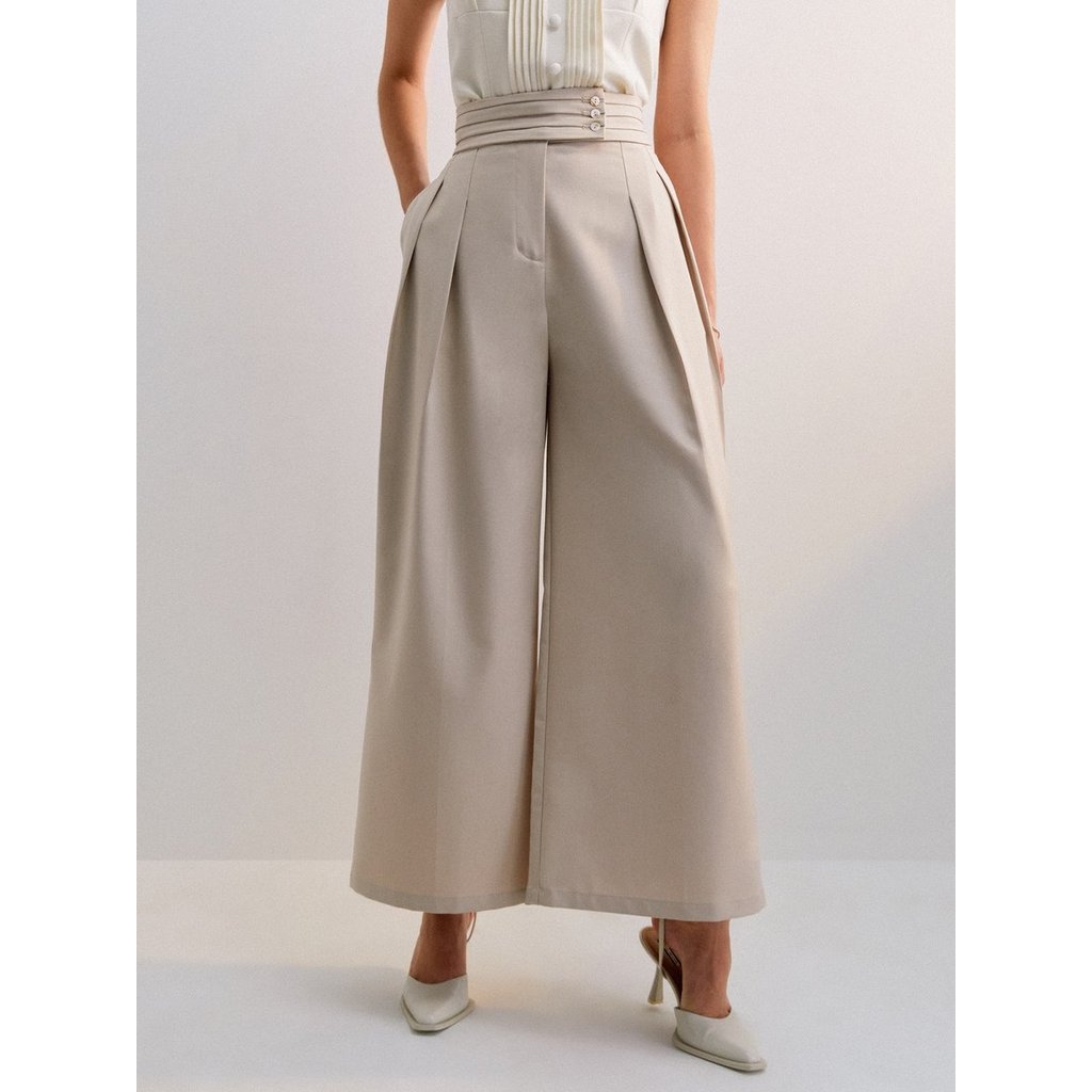 [Pomelo] กางเกงขากว้างเอวสูงสามกระดุม / Three Button Wide Leg Pants