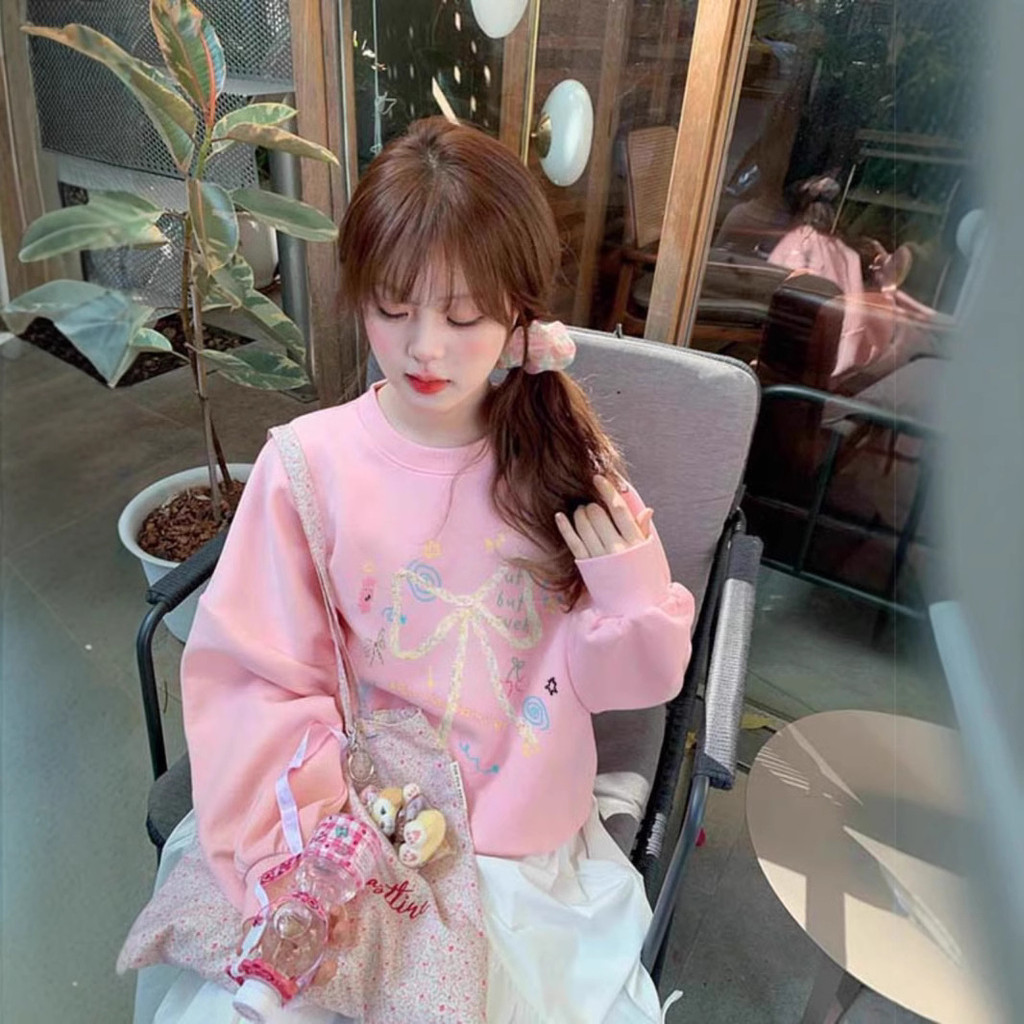 VENGGU สินค้าใหม่เกาหลี Soft Girl Pink Bow Sweatshirt Thailand Southern Hot Sale Gentle Sweet Girl High-Quality Age-Reduction Long-Sleeved Top ราคา ถูกที่สุด ดีลบีเคเค แกลเลอรีภาพที่ 3