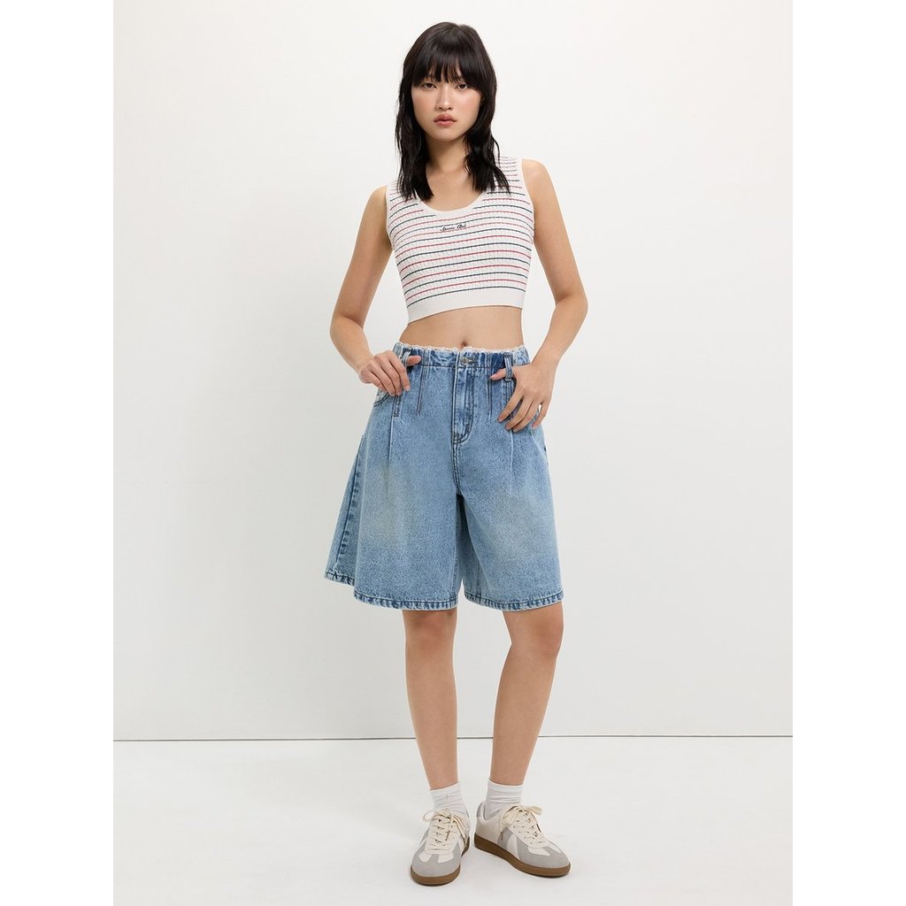 [Pomelo] กางเกงยีนส์แต่งขอบลูกไม้ / Lace Trim Bermuda Shorts