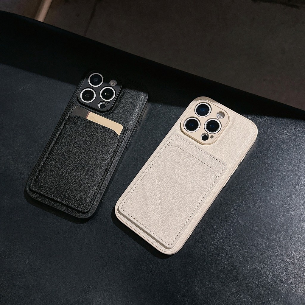 รูปแบบลิ้นจี่หนัง PU พร้อมช่องใส่การ์ดสําหรับ iPhone 15Promax 15 15Pro 13Pro 13promax 17Promax 14Pro 14Plus 17 12Promax 16Pro 16 16E 11 XR 7P