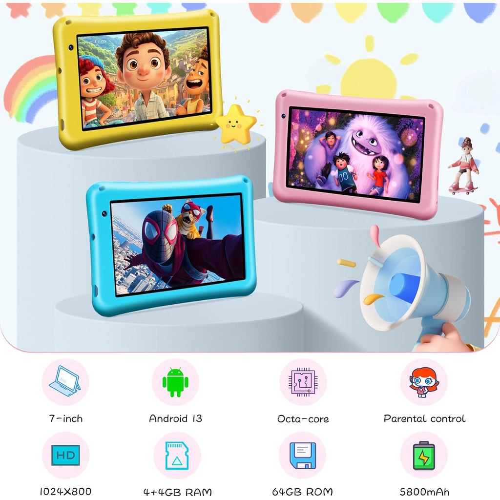 Kids Tablet 7 inch, Android 13, 8GB RAM 64GB ROM Expandable, Octa-Core, 5800mAh Battery, Parental Co